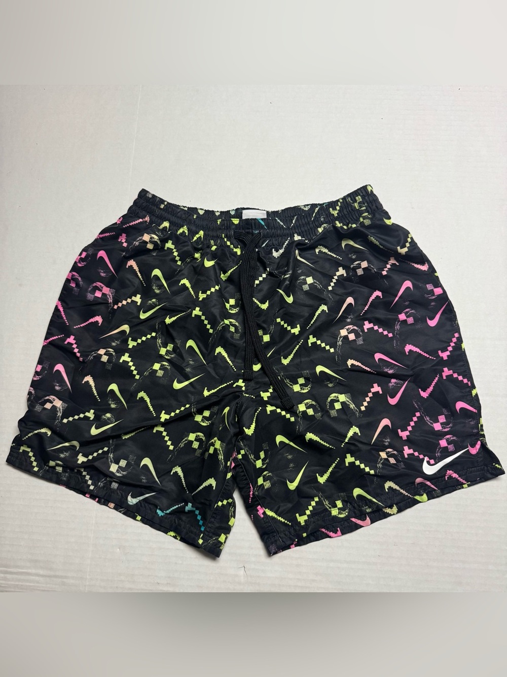 Nike Men's AOP Digi Swoosh Logo Lined Swim Trunks In Black Multi Size: M